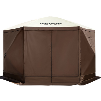 VEVOR Camping Gazebo Screen Tent, 12*12ft, 6 Sided Pop-up Canopy Shelter Tent with Mesh Windows, Portable Carry Bag, Stakes, Large Shade Tents for Outdoor Camping, Lawn and Backyard, Brown/Beige