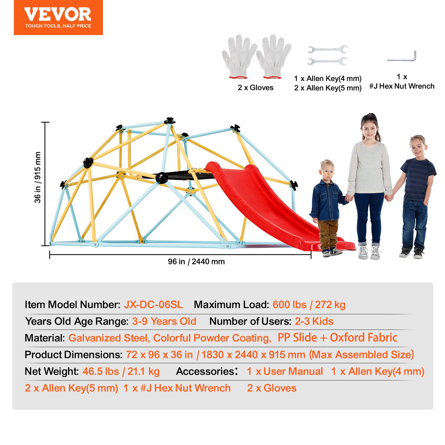 VEVOR Climbing Dome, for Kids 3 to 9 Years Old, 8FT Geometric Dome Climber with Slide,Jungle Gym Supports 600LBS and Easy Assembly, with Climbing Grip, Outdoor and Indoor Play Equipment for Kids