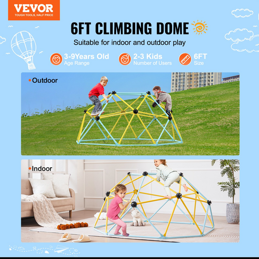 VEVOR Climbing Dome, Jungle Gym Supports 600LBS and Easy Assembly, 6FT Geometric Dome Climber Play Center for Kids 3 to 9 Years Old, with Climbing Grip, Outdoor and Indoor Play Equipment for Kids