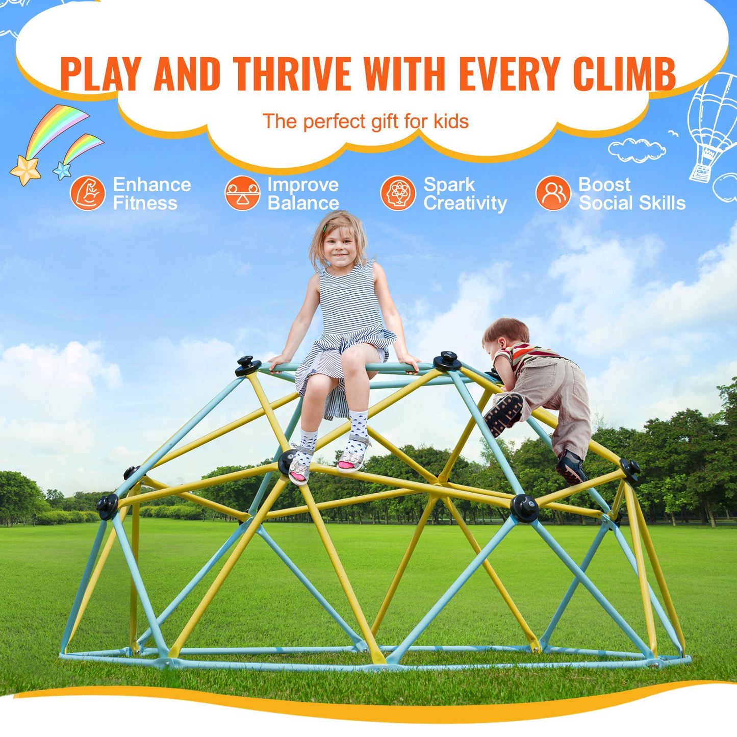 VEVOR Climbing Dome, Jungle Gym Supports 600LBS and Easy Assembly, 6FT Geometric Dome Climber Play Center for Kids 3 to 9 Years Old, with Climbing Grip, Outdoor and Indoor Play Equipment for Kids