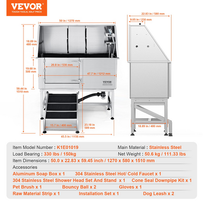 VEVOR 50" Pet Dog Bathing Station w/Ramp, Professional Stainless Steel Dog Grooming Tub w/ Soap Box, Faucet,Rich Accessory, Dog Bathtub for Large,Medium,Small Pets, Washing Sink for Home Left