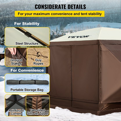 VEVOR Camping Gazebo Tent, 10'x10', 6 Sided Pop-up Canopy Screen Tent for 8 Person Camping, Waterproof Screen Shelter w/Portable Storage Bag, Ground Stakes, Mesh Windows, Brown & Beige