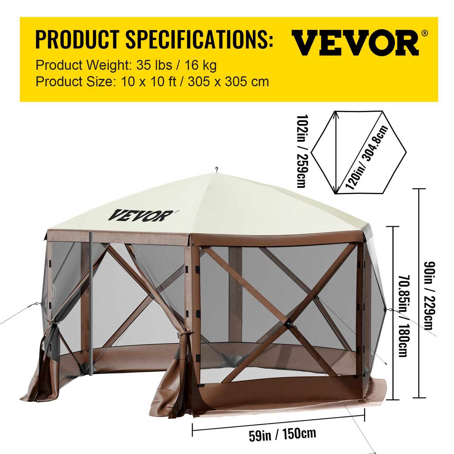 VEVOR Camping Gazebo Tent, 10'x10', 6 Sided Pop-up Canopy Screen Tent for 8 Person Camping, Waterproof Screen Shelter w/Portable Storage Bag, Ground Stakes, Mesh Windows, Brown & Beige