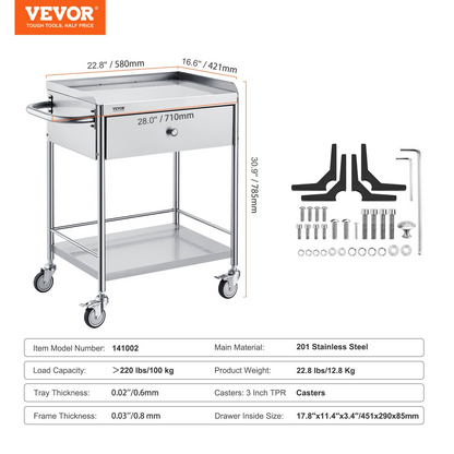 VEVOR Medical Cart, 2-Layer Stainless Steel Cart 220 lbs Weight Capacity, Lab Utility Cart with 360° Silent Wheels and a Drawer for Lab, Clinic, Kitchen, Salon