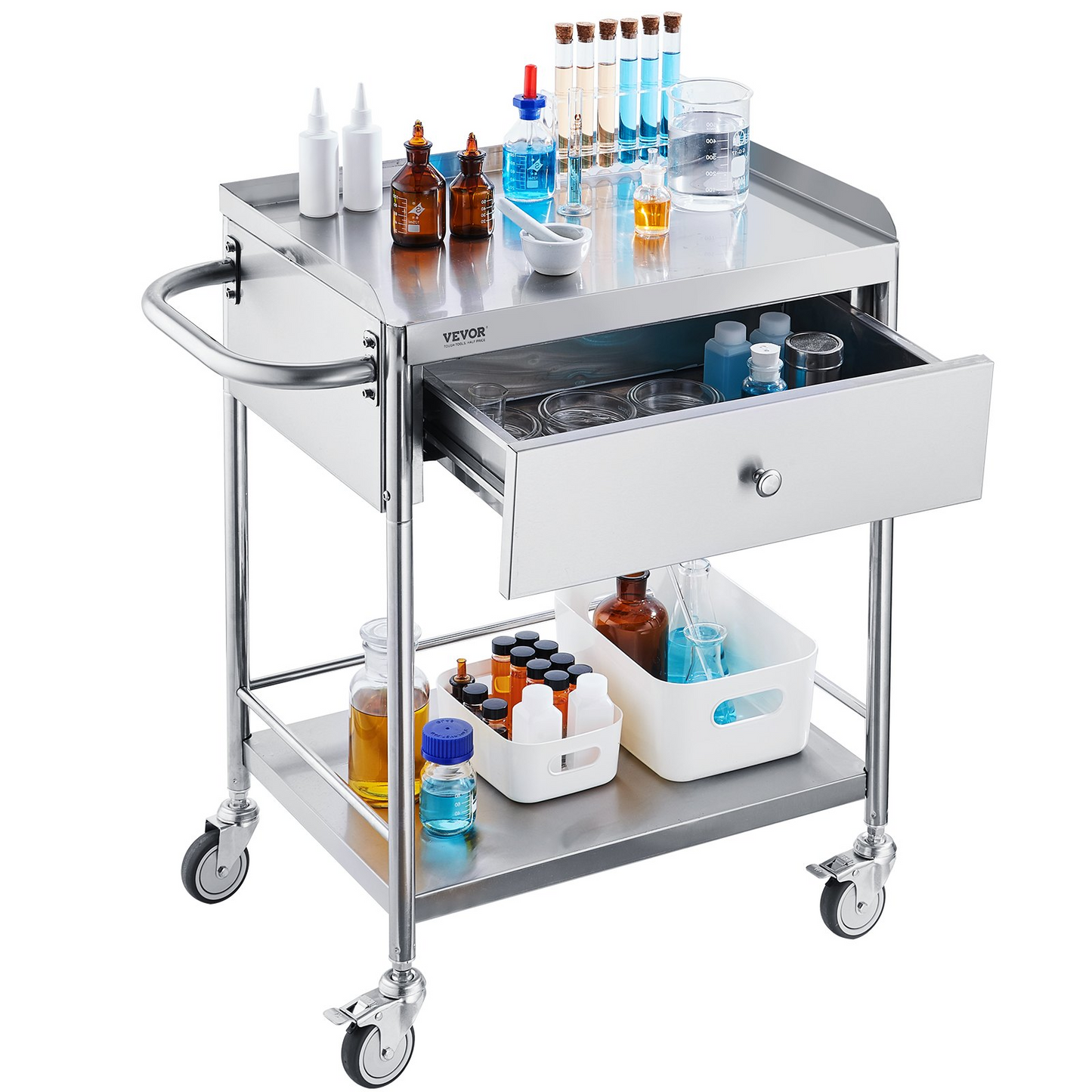 VEVOR Medical Cart, 2-Layer Stainless Steel Cart 220 lbs Weight Capacity, Lab Utility Cart with 360° Silent Wheels and a Drawer for Lab, Clinic, Kitchen, Salon