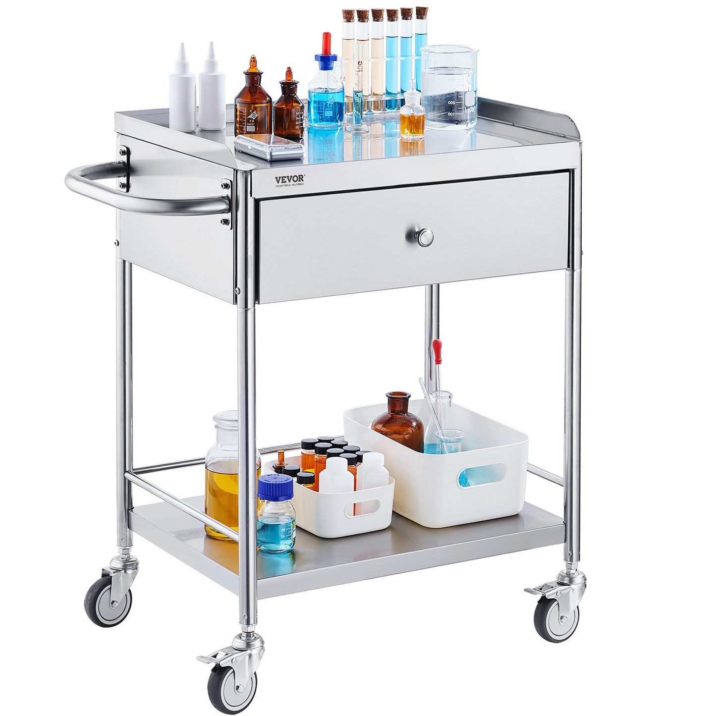 VEVOR Medical Cart, 2-Layer Stainless Steel Cart 220 lbs Weight Capacity, Lab Utility Cart with 360° Silent Wheels and a Drawer for Lab, Clinic, Kitchen, Salon