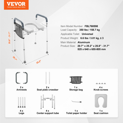 VEVOR Raised Toilet Seat, Adjustable Height 19.3"-25.2", 350 lbs Capacity