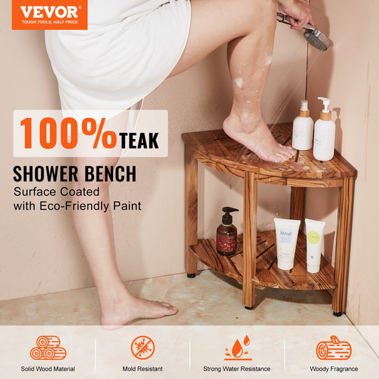 VEVOR Corner Teak Shower Bench, 18.5" Height 15.5" Radius, 100% Teak Wood Corner Shower Beach, 500 LBS with Storage Shelf, Shower Stool for Inside & Outside Shower, for Bathroom