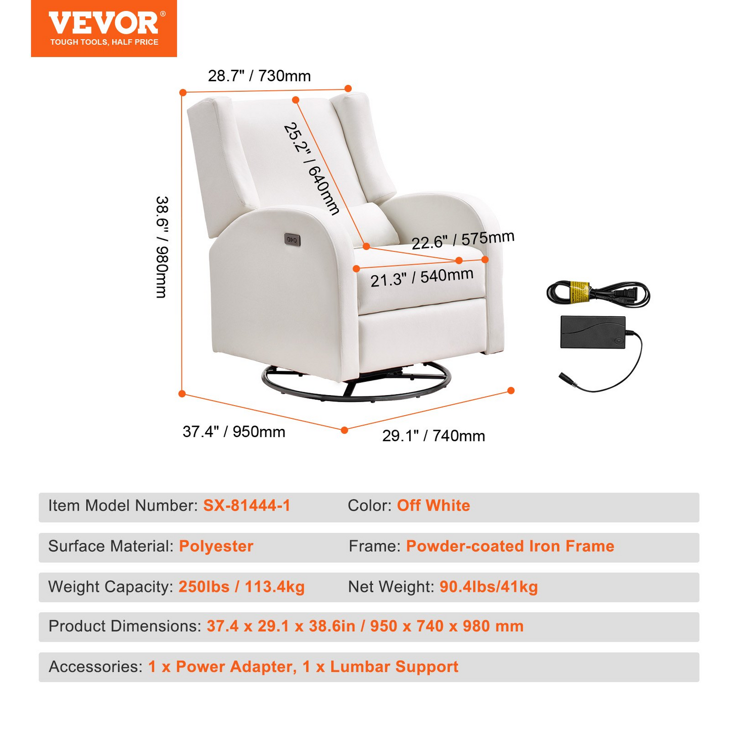 VEVOR Electronic Power Recliner and Swivel Glider, 250 lbs Weight Capacity Swivel Glider Recliner Chair with USB Port, Polyester Surface Swivel Rocker Recliner  for Living Room, Bedroom,  Off White