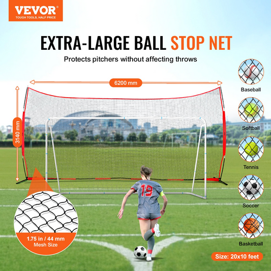 VEVOR Barricade Backstop Net, 20x10 ft Ball Sports Barrier Netting, Portable Practice Equipment with Carry Bag, Protection Screen for Baseball Softball Lacrosse Soccer Hockey Training, for Backyard