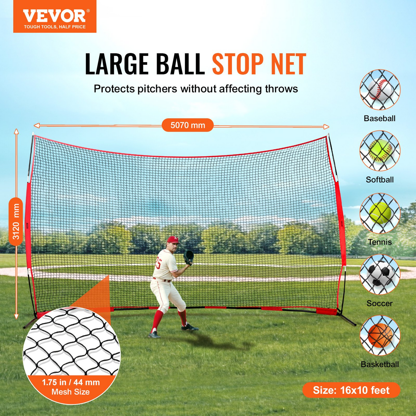 VEVOR Barricade Backstop Net, 16x10 ft Ball Sports Barrier Netting, Portable Practice Equipment with Carry Bag, Protection Screen for Baseball Softball Lacrosse Soccer Hockey Training, for Backyard