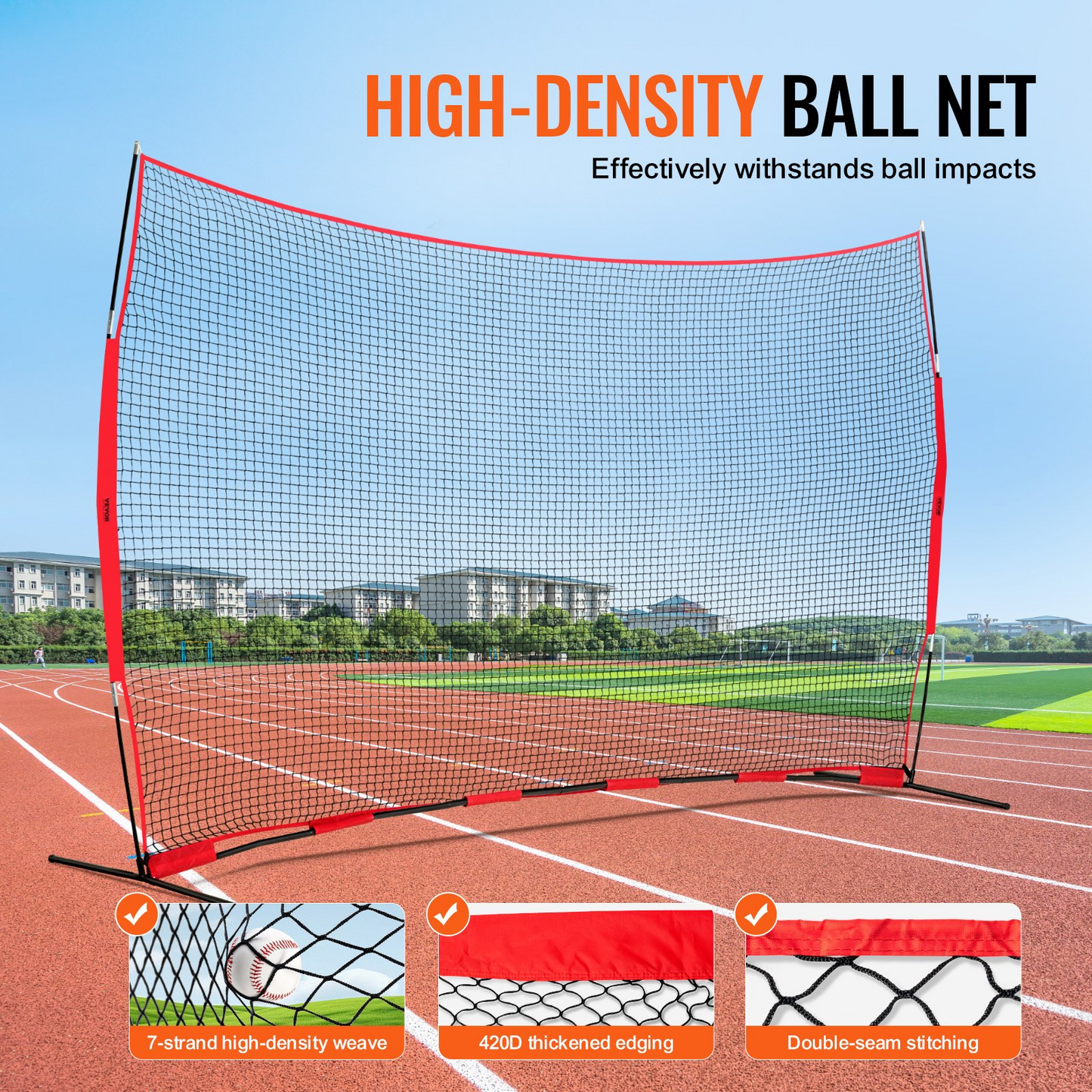 VEVOR Barricade Backstop Net, 16x10 ft Ball Sports Barrier Netting, Portable Practice Equipment with Carry Bag, Protection Screen for Baseball Softball Lacrosse Soccer Hockey Training, for Backyard