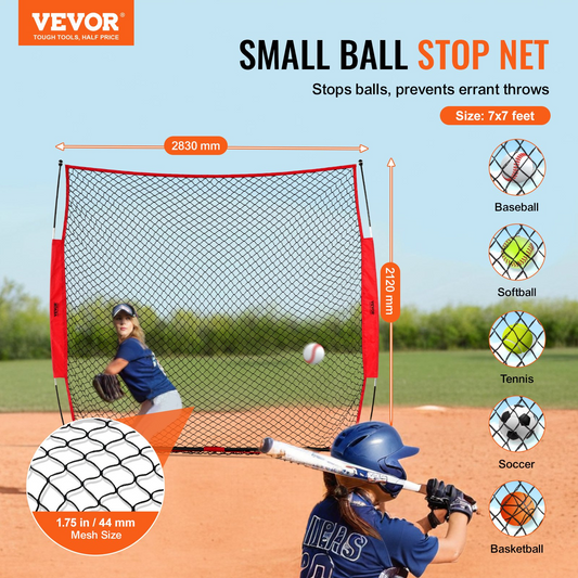 VEVOR Barricade Backstop Net, 7x7 ft Ball Sports Barrier Netting, Portable Practice Equipment with Carry Bag, Protection Screen for Baseball Softball Lacrosse Soccer Hockey Training, for Backyard