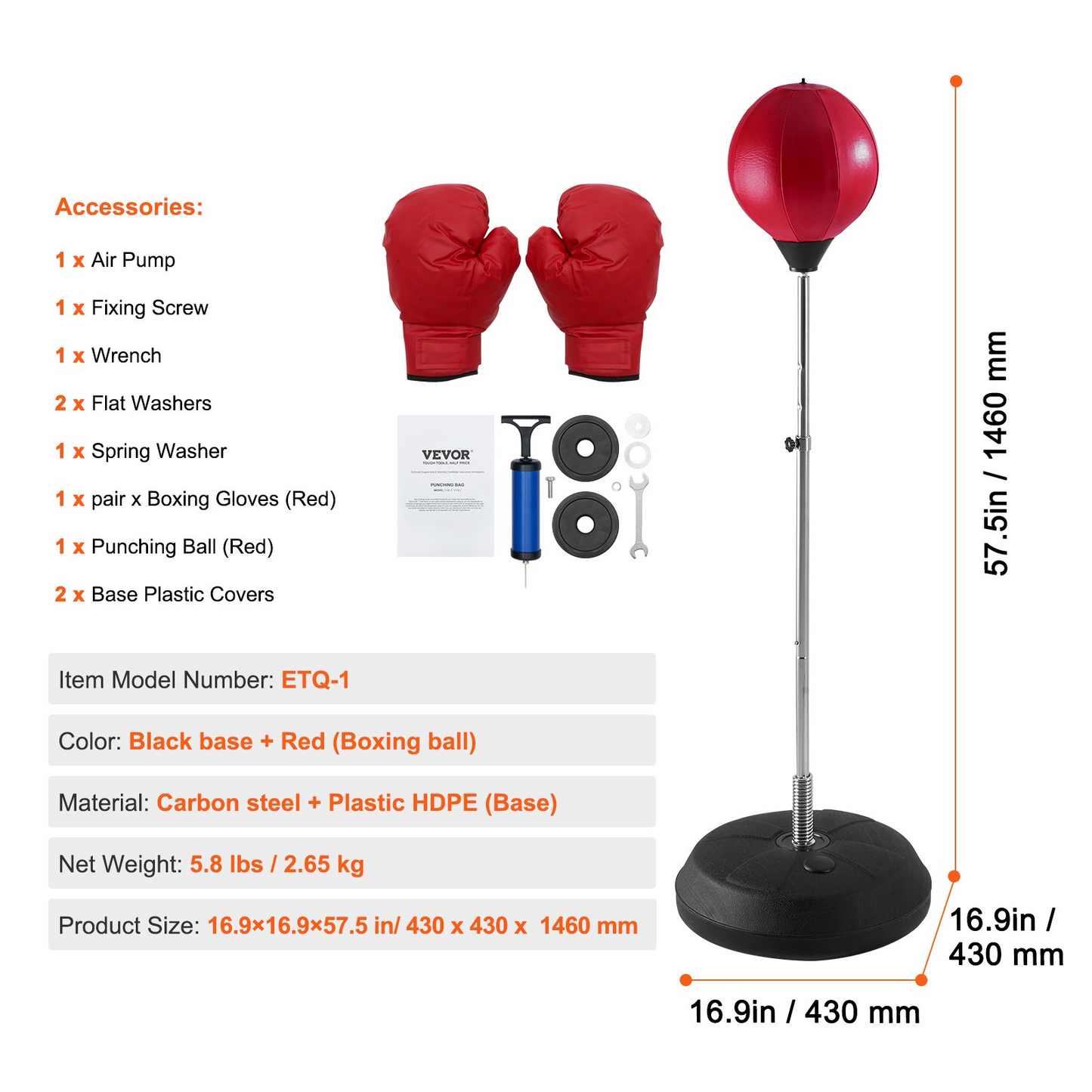 VEVOR Punching Bag, Reflex Boxing Bag for Kids & Adults, Height Adjustable Free Standing Strike Bag Set with Boxing Gloves & Stand, Workout Speed Bag for Home Gym Training, Stress Relief & Fitness