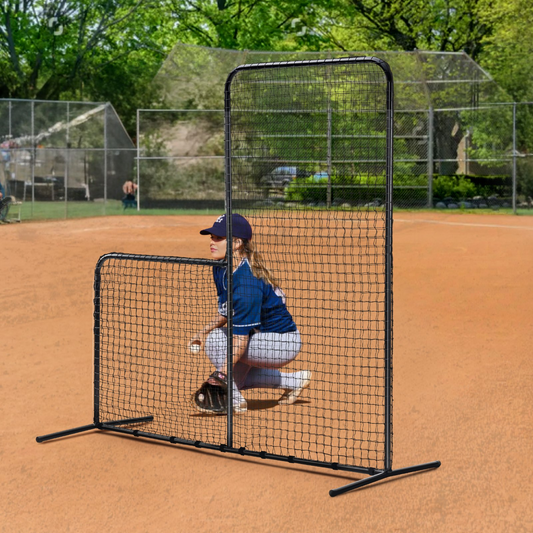 VEVOR L Screen Baseball Net – 7x7 ft Softball Safety Screen for Batting Cage, Heavy Duty Pitching Net with Carry Bag & Ground Stakes