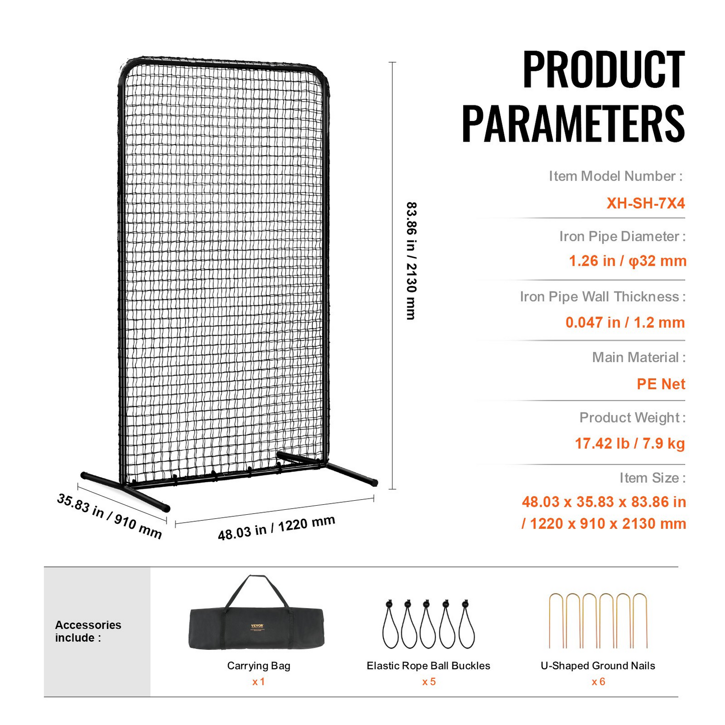 VEVOR I Screen Baseball for Batting Cage, 7x4 ft Baseball Softball Safety Screen, Body Protector Portable Batting Screen with Carry Bag & Ground Stakes, Heavy Duty Pitching Net for Pitchers Protection