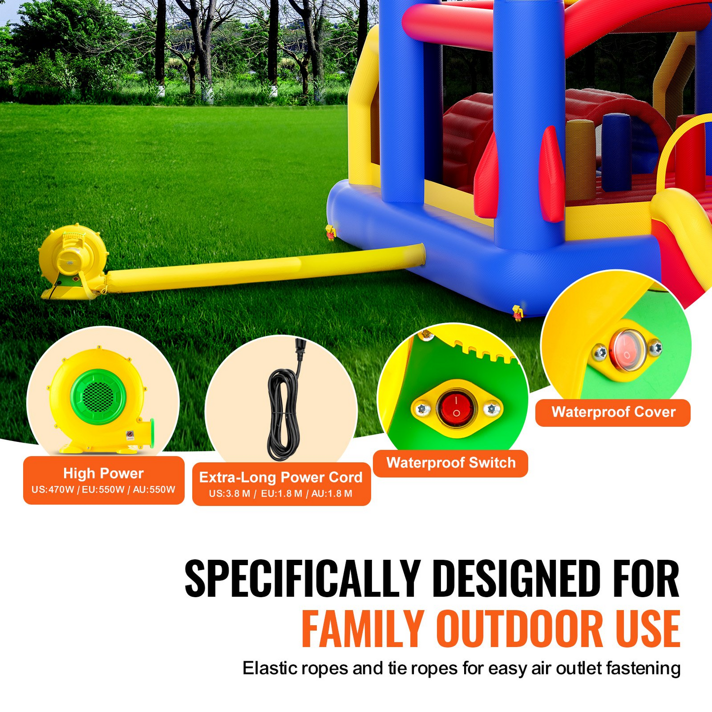 VEVOR Inflatable Bounce House, Outdoor High Quality Playhouse Trampoline, Jumping Bouncer with Blower, Slide, and Storage Bag, Family Backyard Bouncy Castle, for Kid Ages 3–8 Years, 160x94x96 inch