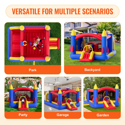 VEVOR Inflatable Bounce House, Outdoor High Quality Playhouse Trampoline, Jumping Bouncer with Blower, Slide, and Storage Bag, Family Backyard Bouncy Castle, for Kid Ages 3–8 Years, 160x94x96 inch