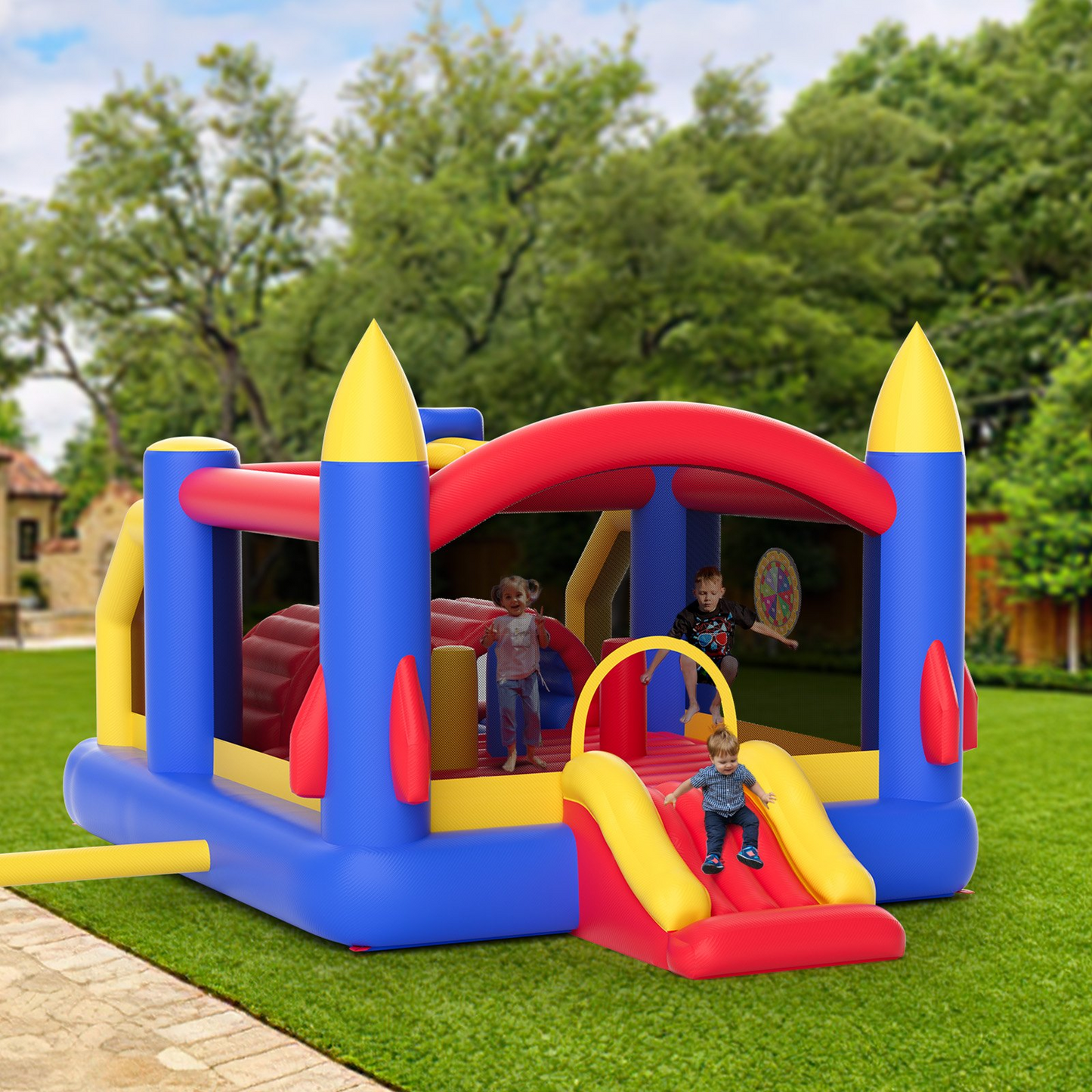 VEVOR Inflatable Bounce House, Outdoor High Quality Playhouse Trampoline, Jumping Bouncer with Blower, Slide, and Storage Bag, Family Backyard Bouncy Castle, for Kid Ages 3–8 Years, 160x94x96 inch