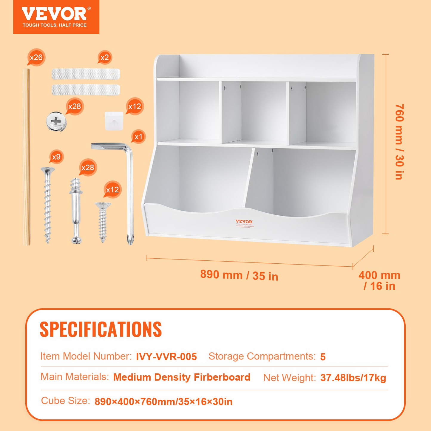 VEVOR Wood Kid Storage Cubby, Toy Storage Organizer with Bookshelf, 5-Cubby Wood Toy Storage Cabinet, Children Book Toy Shelf for Kids Room, Playroom, Kindergarten, Nursery, White