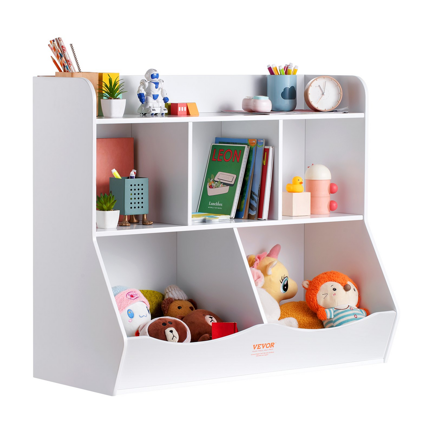 VEVOR Wood Kid Storage Cubby, Toy Storage Organizer with Bookshelf, 5-Cubby Wood Toy Storage Cabinet, Children Book Toy Shelf for Kids Room, Playroom, Kindergarten, Nursery, White