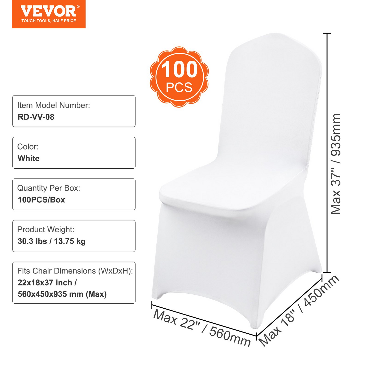 VEVOR Stretch Spandex Folding Chair Covers, Universal Fitted Chair Cover, Removable Washable Protective Slipcovers, for Wedding, Holiday, Banquet, Party, Celebration, Dining (100PCS White)