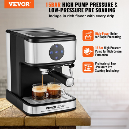 VEVOR Espresso Machine, 15 Bar Coffee and Espresso Maker with Milk Frother Steam Wand, Professional Semi-Automatic Cappuccino Latte Machine with Touch Screen & Removable Water Tank, NTC Control System