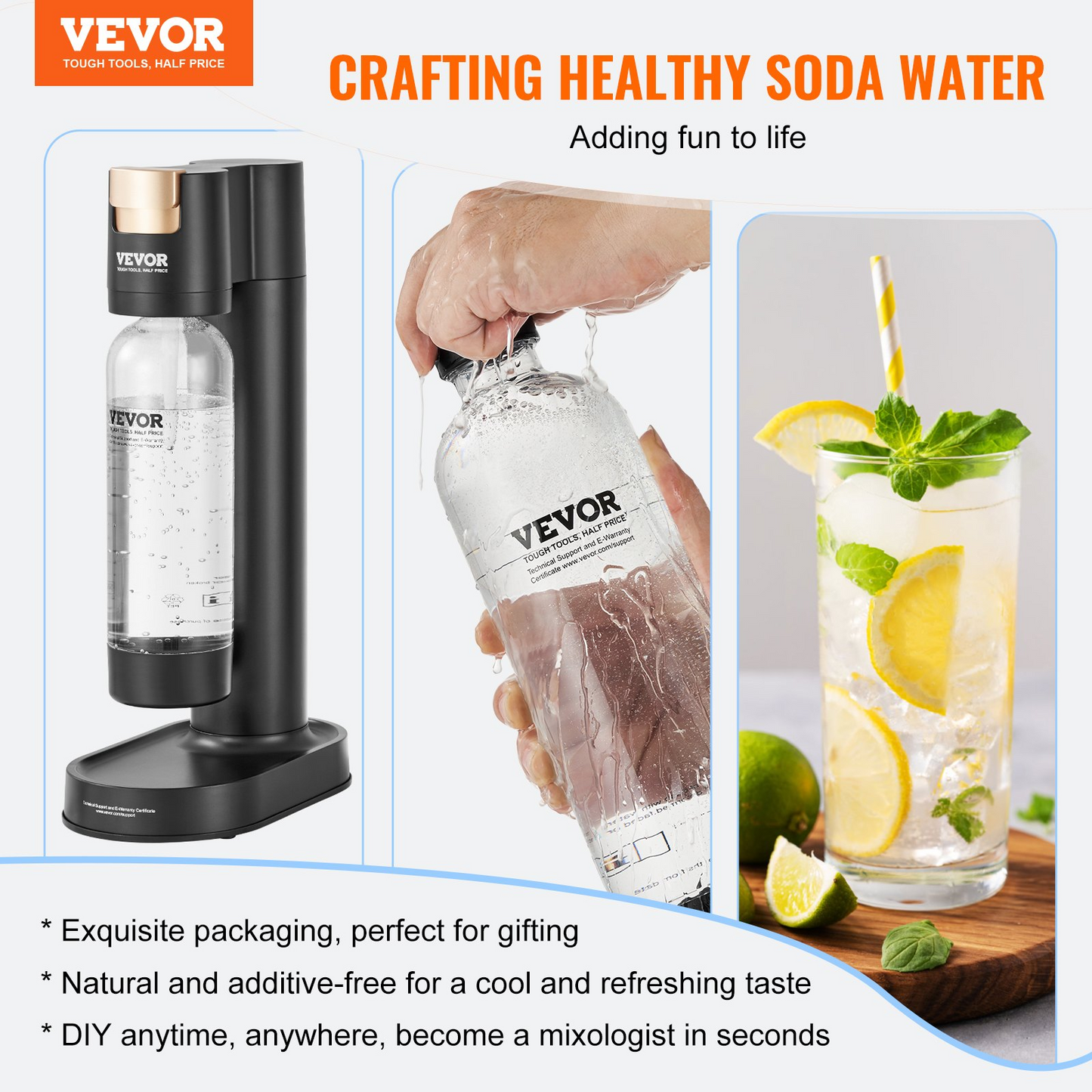 VEVOR Sparkling Water Maker, Soda Maker Machine for Home Carbonating, Seltzer Water Starter Kit with BPA free 1L PET Bottle, Compatible with Mainstream Screw-in 60L CO2 Cylinder(NOT Included), Black