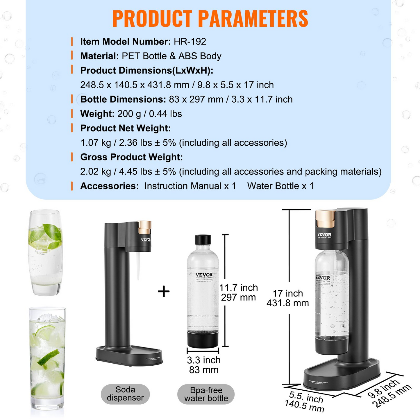 VEVOR Sparkling Water Maker, Soda Maker Machine for Home Carbonating, Seltzer Water Starter Kit with BPA free 1L PET Bottle, Compatible with Mainstream Screw-in 60L CO2 Cylinder(NOT Included), Black