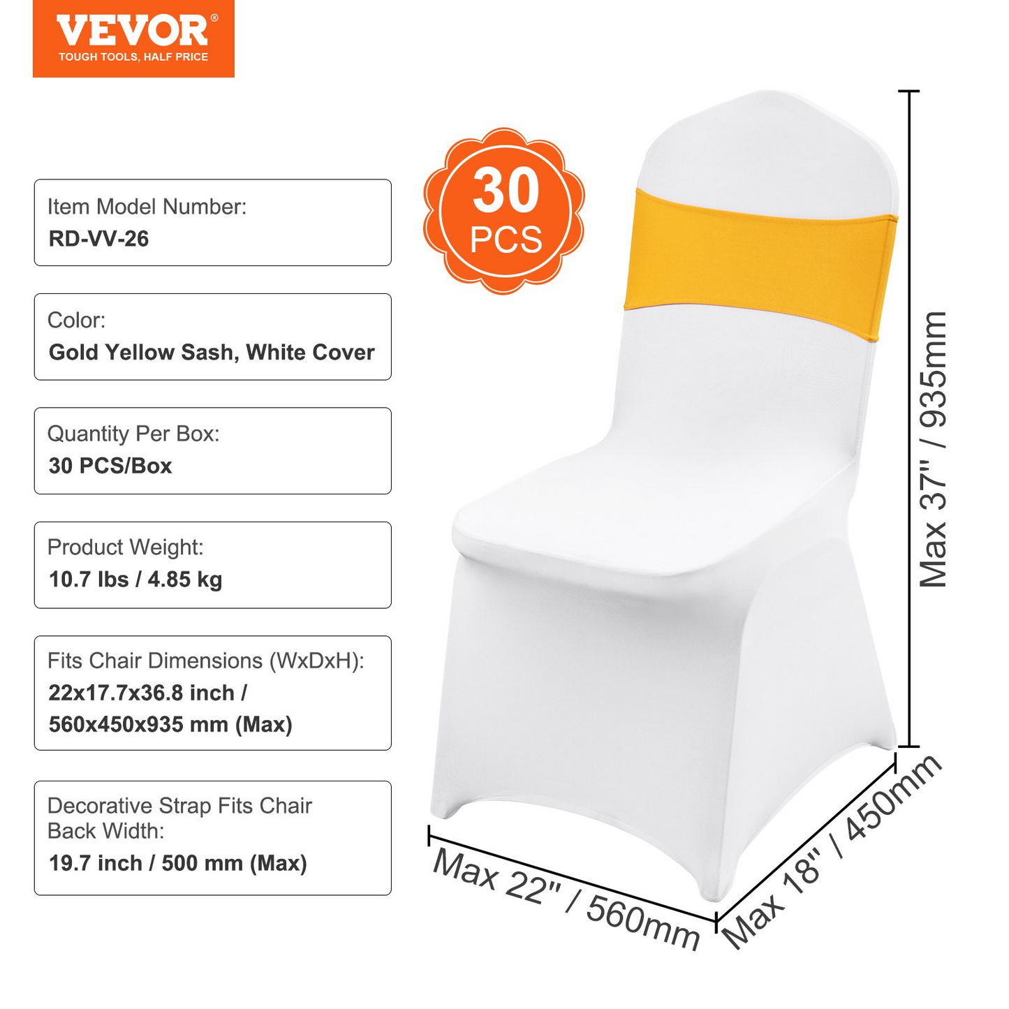 VEVOR Stretch Spandex Folding Chair Covers, Universal Fitted Chair Cover with Chair Sashes, Removable Washable Protective Slipcovers, for Wedding, Holiday, Banquet, Party, Dining (30 Set Gold & White)