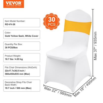 VEVOR Stretch Spandex Folding Chair Covers, Universal Fitted Chair Cover with Chair Sashes, Removable Washable Protective Slipcovers, for Wedding, Holiday, Banquet, Party, Dining (30 Set Gold & White)