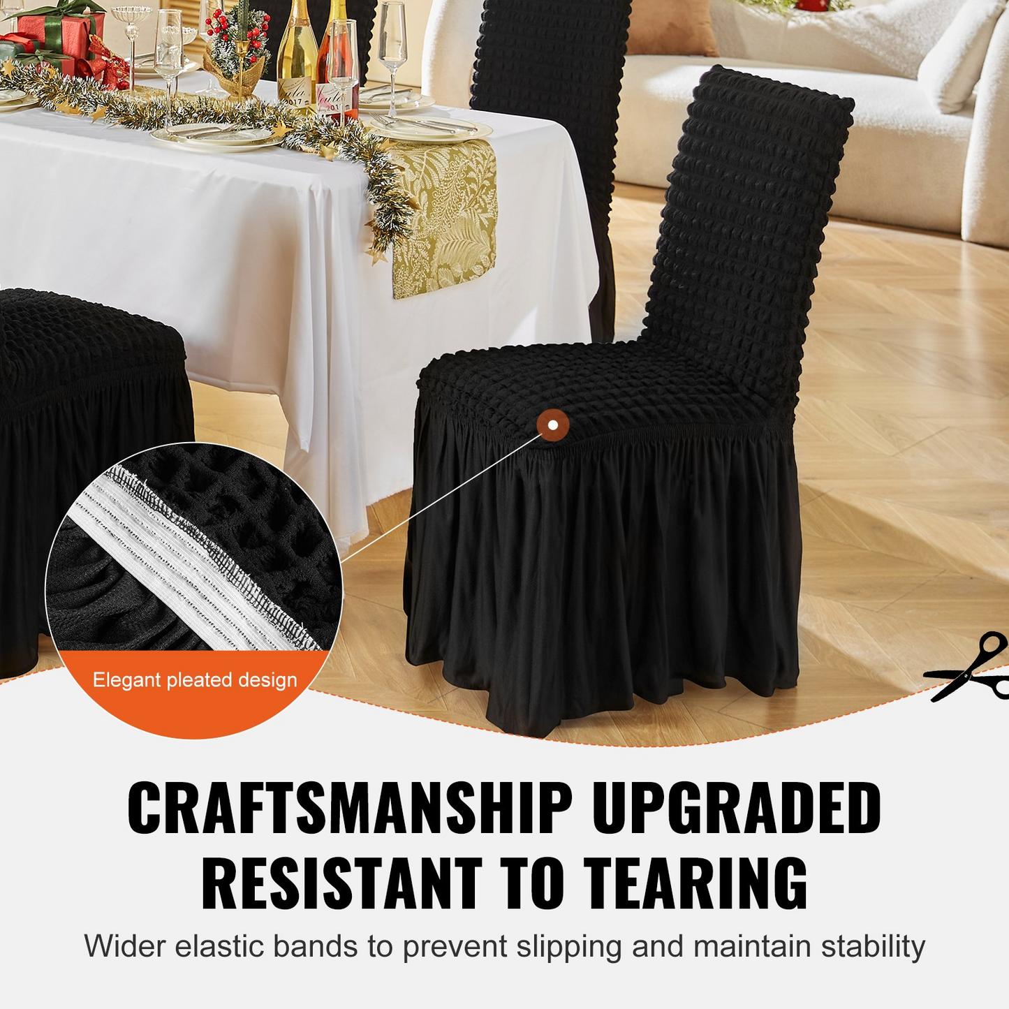 VEVOR Stretch Spandex Folding Chair Covers, Universal Fitted Chair Cover with Skirt, Removable Washable Protective Slipcovers, for Wedding, Holiday, Banquet, Party, Celebration, Dining (4 PCS Black)