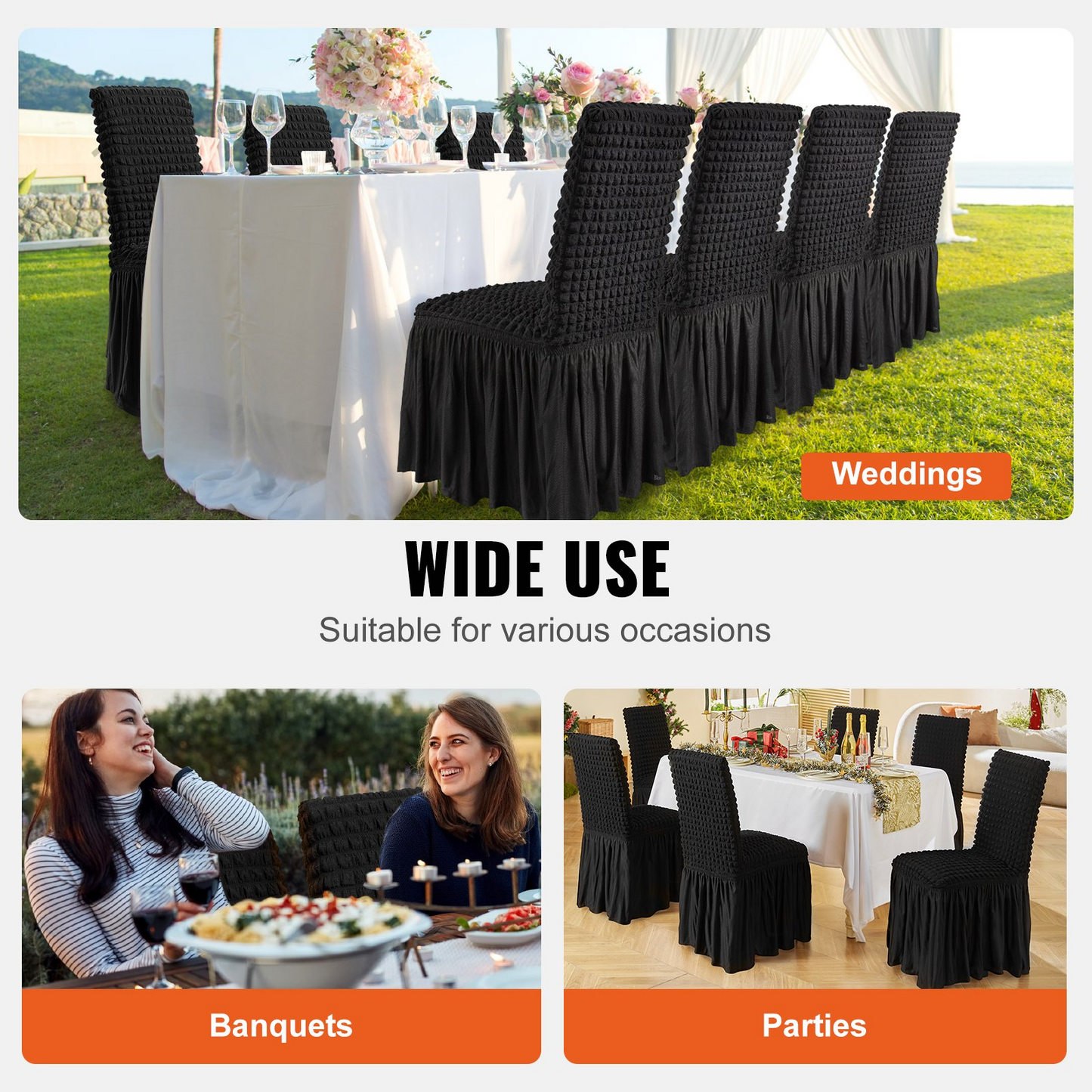 VEVOR Stretch Spandex Folding Chair Covers, Universal Fitted Chair Cover with Skirt, Removable Washable Protective Slipcovers, for Wedding, Holiday, Banquet, Party, Celebration, Dining (4 PCS Black)