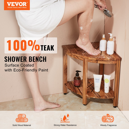 VEVOR Corner Teak Shower Bench, 18.5" Height 15.5" Radius, 100% Teak Wood Corner Shower Beach, 500 LBS with Storage Shelf, Shower Stool for Inside & Outside Shower, for Bathroom