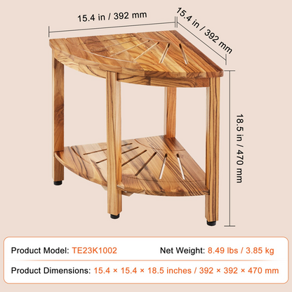 VEVOR Corner Teak Shower Bench, 18.5" Height 15.5" Radius, 100% Teak Wood Corner Shower Beach, 500 LBS with Storage Shelf, Shower Stool for Inside & Outside Shower, for Bathroom