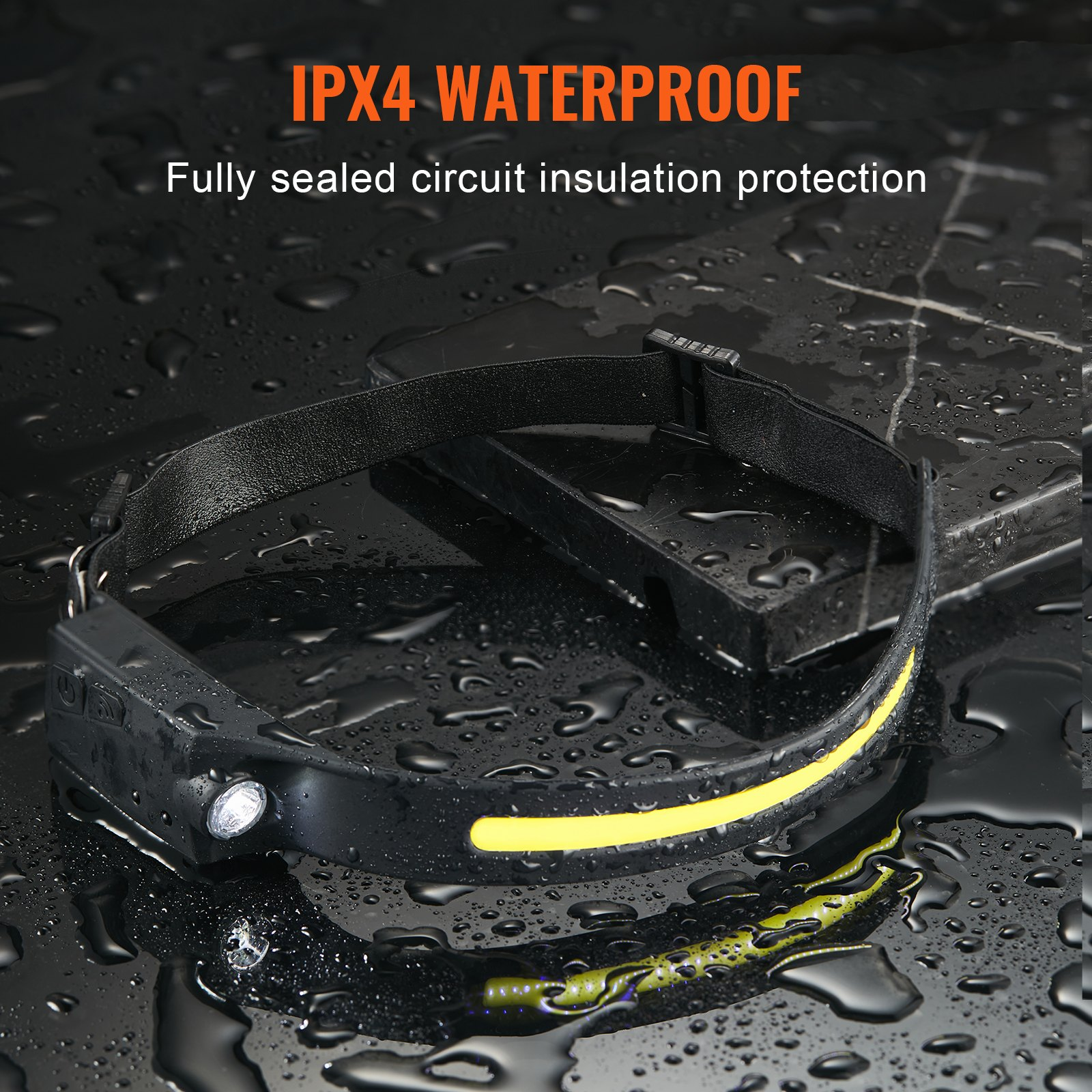 Waterproof IPX4 LED headlamp on wet surface