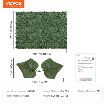 VEVOR Ivy Privacy Fence, 96 x 72 in Artificial Green Wall Screen, Greenery Ivy Fence with Mesh Cloth Backing and Strengthened Joint, Faux Hedges Vine Leaf Decoration for Outdoor Garden, Yard, Balcony