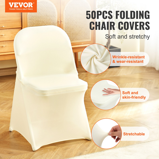 VEVOR Stretch Spandex Folding Chair Covers, Universal Fitted Chair Cover, Removable Washable Protective Slipcovers, for Wedding, Holiday, Banquet, Party, Celebration, Dining (50PCS Ivory White)