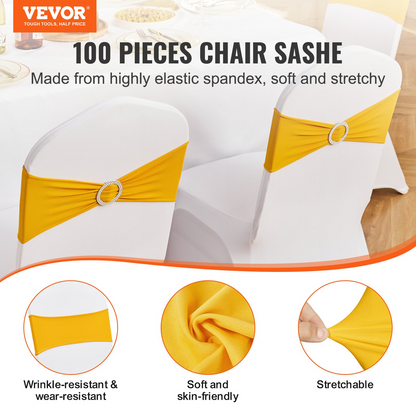 VEVOR Stretch Spandex Chair Sashes, Chair Slipcover and Stretch Chair Sash with Round Buckle, Elastic Chair Bands, Fitting Wedding, Holiday, Banquet, Party Chair Decoration (100 PCS Golden Yellow)