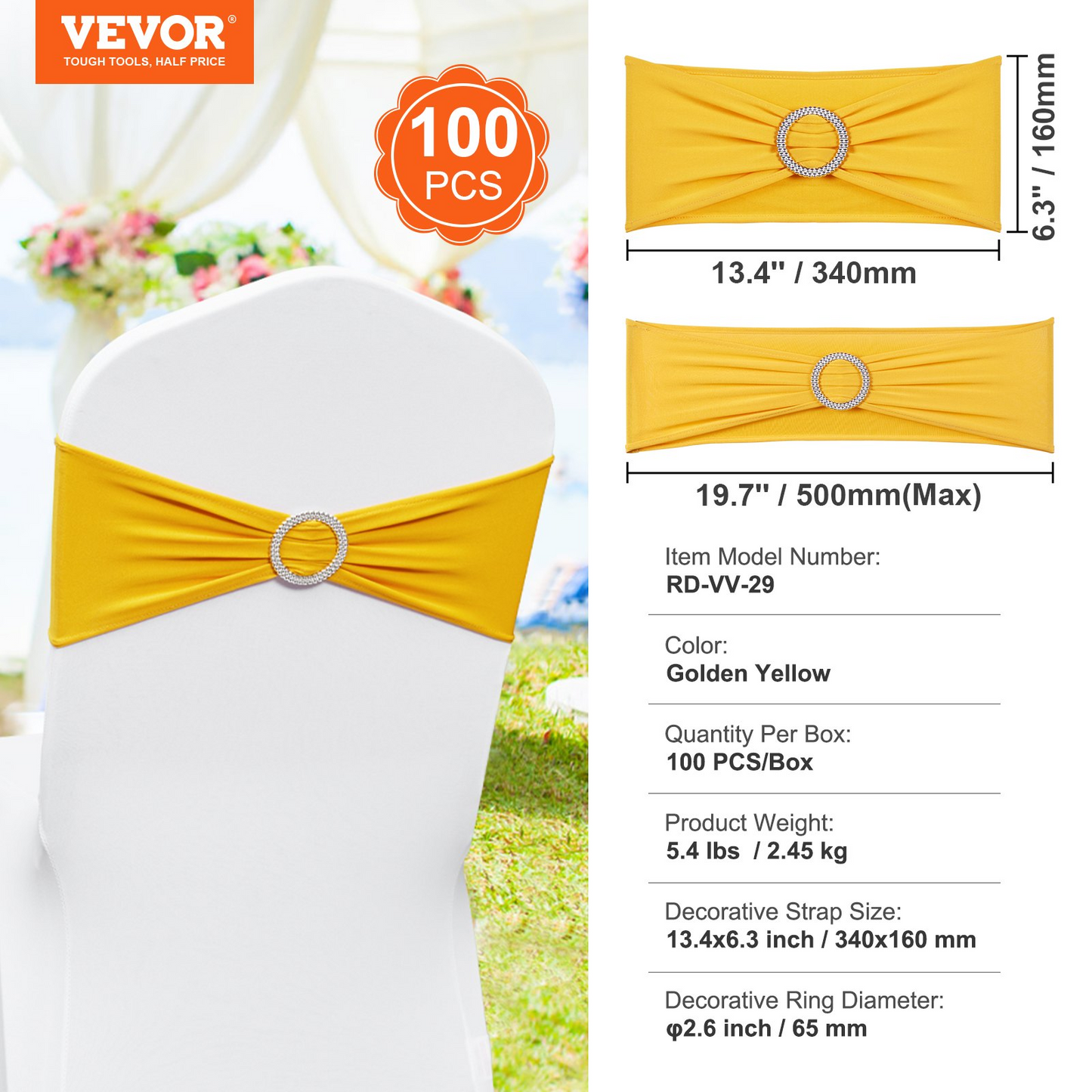 VEVOR Stretch Spandex Chair Sashes, Chair Slipcover and Stretch Chair Sash with Round Buckle, Elastic Chair Bands, Fitting Wedding, Holiday, Banquet, Party Chair Decoration (100 PCS Golden Yellow)