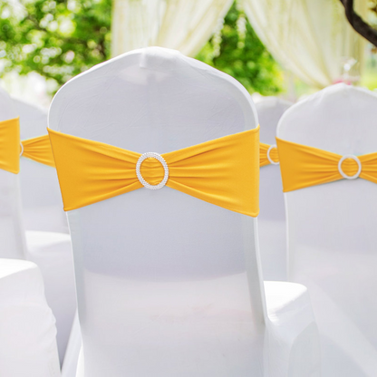 VEVOR Stretch Spandex Chair Sashes, Chair Slipcover and Stretch Chair Sash with Round Buckle, Elastic Chair Bands, Fitting Wedding, Holiday, Banquet, Party Chair Decoration (100 PCS Golden Yellow)