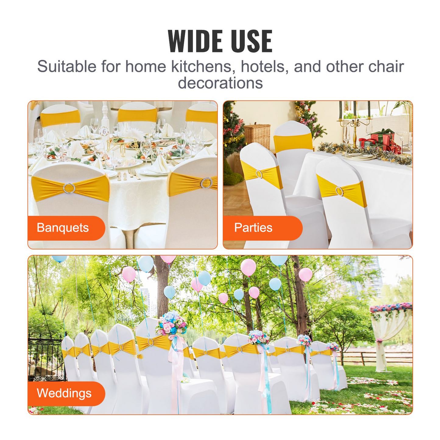 VEVOR Stretch Spandex Chair Sashes, Chair Slipcover and Stretch Chair Sash with Round Buckle, Elastic Chair Bands, Fitting Wedding, Holiday, Banquet, Party Chair Decoration (50 PCS Golden Yellow)