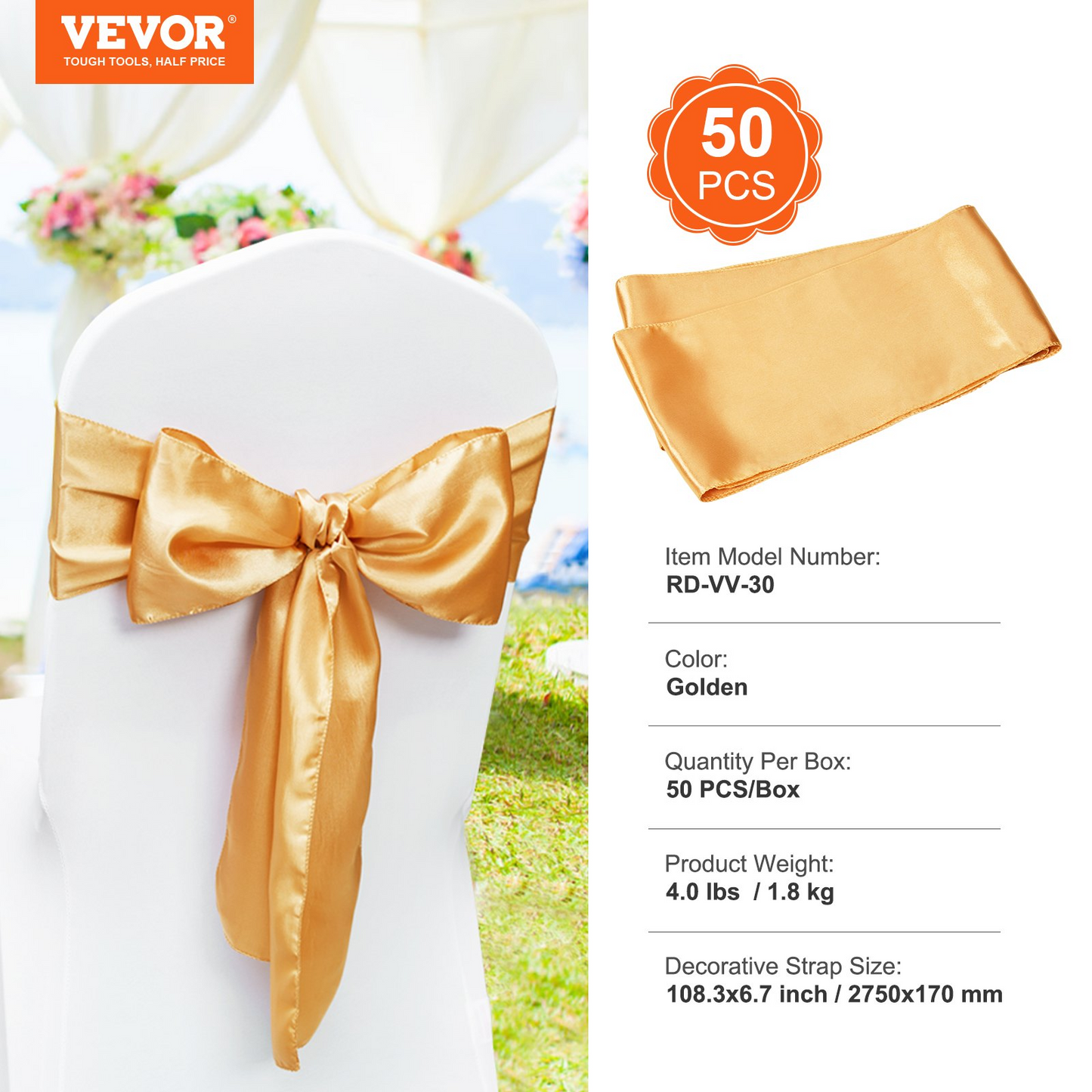 VEVOR Stretch Spandex Chair Sashes Bows, Chair Slipcover and Stretch Chair Sash, Elastic Chair Bands, Fitting Wedding, Holiday, Banquet, Party, Celebration Chair Decoration (50 PCS Gold)