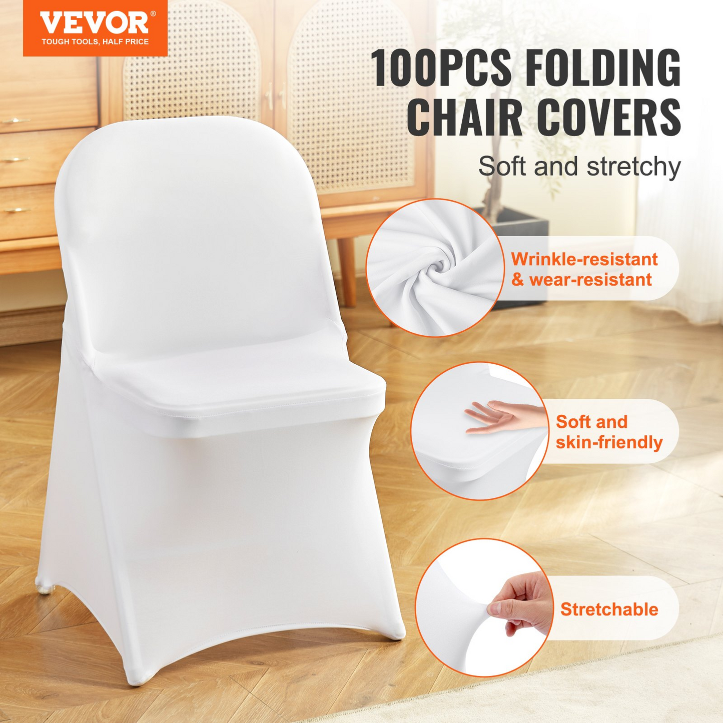 VEVOR Stretch Spandex Folding Chair Covers, Universal Fitted Chair Cover, Removable Washable Protective Slipcovers, for Wedding, Holiday, Banquet, Party, Celebration, Dining (100PCS White)