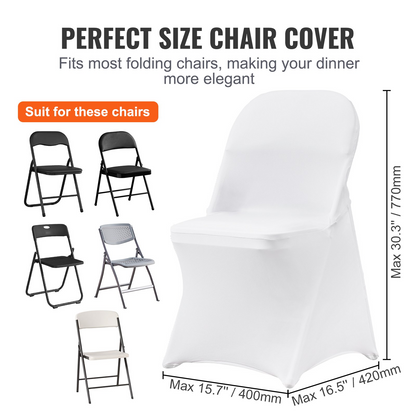 VEVOR Stretch Spandex Folding Chair Covers, Universal Fitted Chair Cover, Removable Washable Protective Slipcovers, for Wedding, Holiday, Banquet, Party, Celebration, Dining (100PCS White)