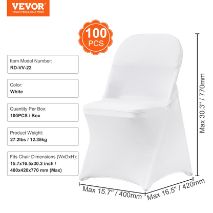 VEVOR Stretch Spandex Folding Chair Covers, Universal Fitted Chair Cover, Removable Washable Protective Slipcovers, for Wedding, Holiday, Banquet, Party, Celebration, Dining (100PCS White)