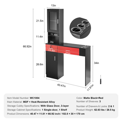 VEVOR Salon Workstation, Wall-Mounted Unit for Hair Professionals, Spa Styling Storage Solution, Includes Cabinet, 3 Shelves & 2 Drawers (One with Lock), in Black & Red