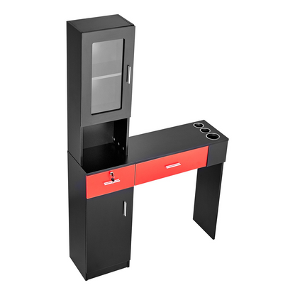 VEVOR Salon Workstation, Wall-Mounted Unit for Hair Professionals, Spa Styling Storage Solution, Includes Cabinet, 3 Shelves & 2 Drawers (One with Lock), in Black & Red