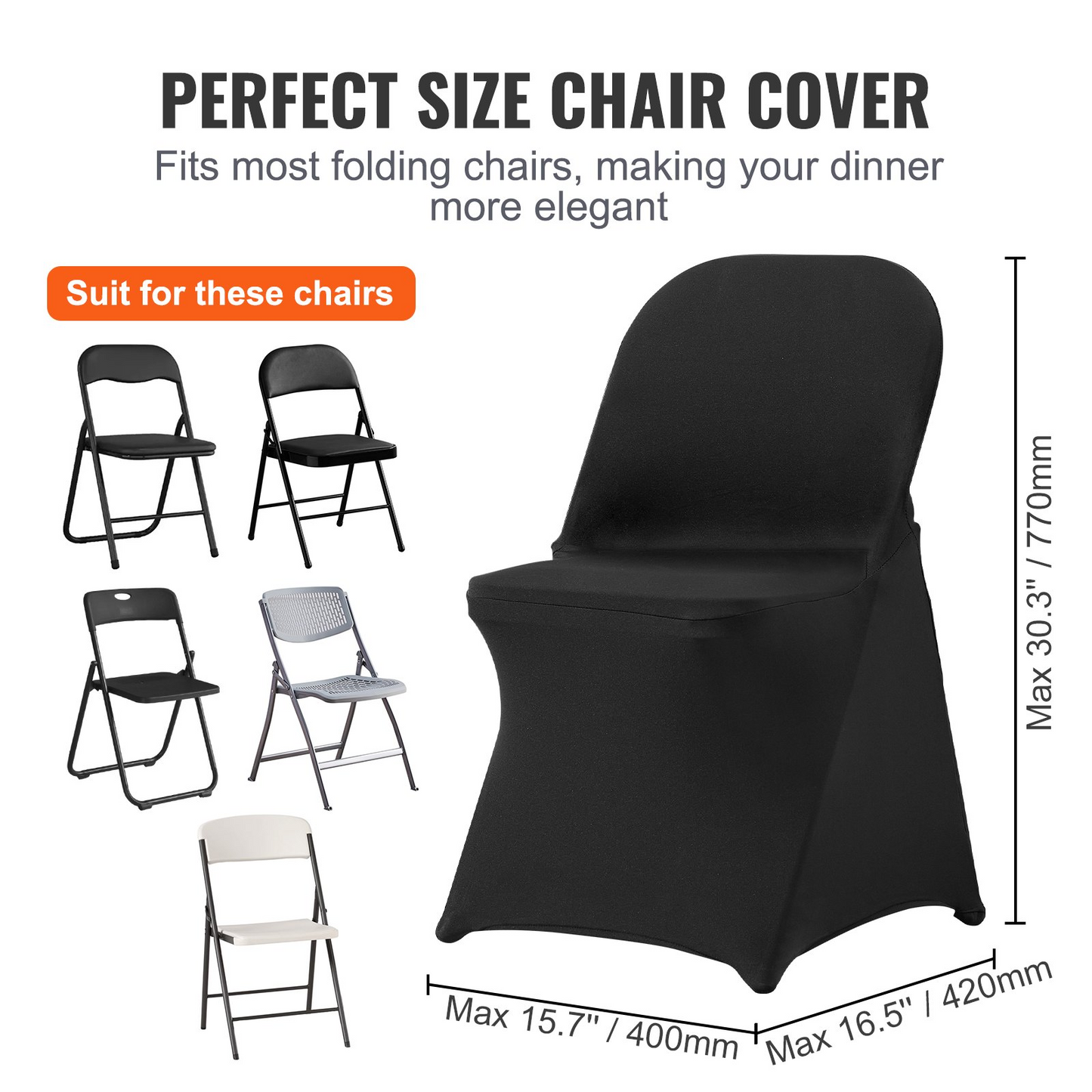 VEVOR Stretch Spandex Folding Chair Covers, Universal Fitted Chair Cover, Removable Washable Protective Slipcovers, for Wedding, Holiday, Banquet, Party, Celebration, Dining (50PCS Black)