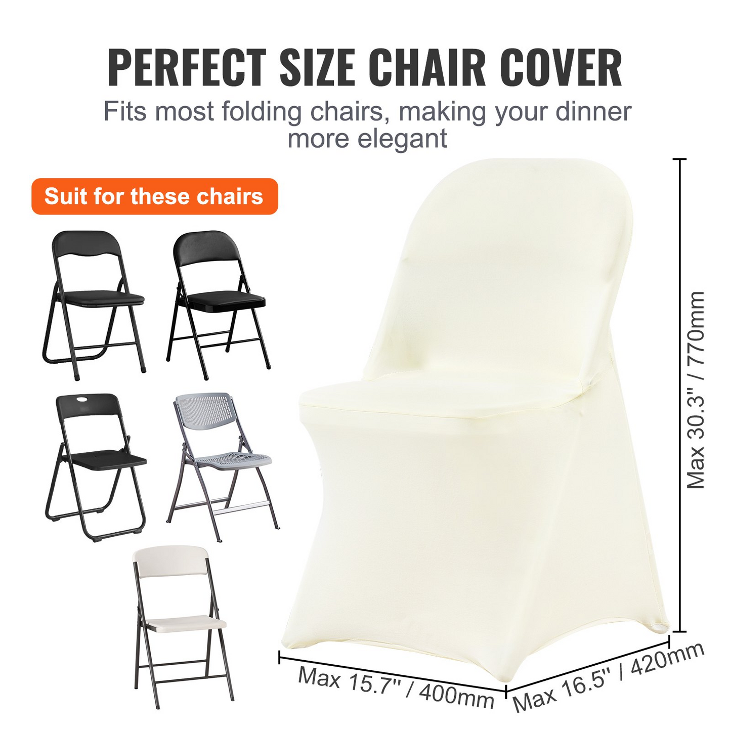 VEVOR Stretch Spandex Folding Chair Covers, Universal Fitted Chair Cover, Removable Washable Protective Slipcovers, for Wedding, Holiday, Banquet, Party, Celebration, Dining (30PCS Ivory White)